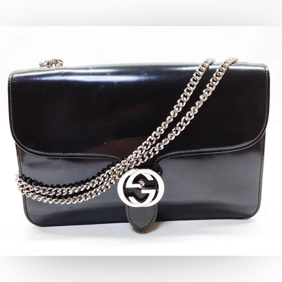 Gucci Handbags - Authentic Gucci Black Leather Chain Shoulder Bag Gucci Black Patent leather